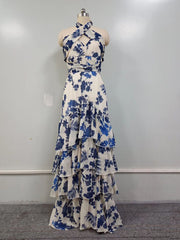 Inrosy robe longue imprimé à fleurie à volantée noeud papillon dos nu licou sans manches femme doux élégant bohème de soirée