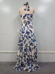 Inrosy robe longue imprimé à fleurie à volantée noeud papillon dos nu licou sans manches femme doux élégant bohème de soirée