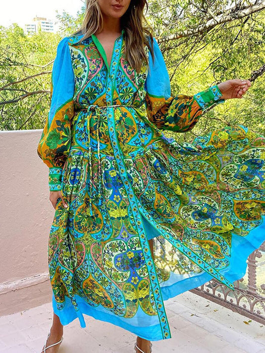 Inrosy longue blouse robe imprimé à fleurie boutonnage ceinture col chemise manches longues casual bohème décontracté vintage