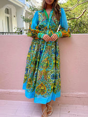 Inrosy longue blouse robe imprimé à fleurie boutonnage ceinture col chemise manches longues casual bohème décontracté vintage