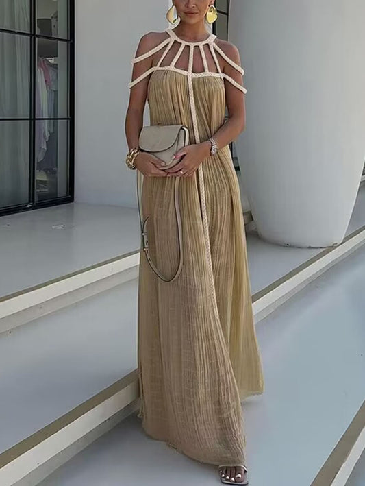 Inrosy robe longue découpes coton lin dos nu licou sans manches femme bohème lâche ample décontracté de plage