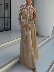 Inrosy robe longue découpes coton lin dos nu licou sans manches femme bohème lâche ample décontracté de plage