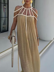 Inrosy robe longue découpes coton lin dos nu licou sans manches femme bohème lâche ample décontracté de plage