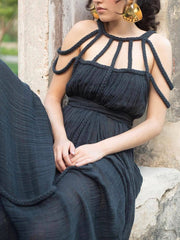 Inrosy robe longue découpes coton lin dos nu licou sans manches femme bohème lâche ample décontracté de plage