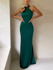 Inrosy robe longue en satin moulante cross licou découpes sirene dos nu sans manches femme de soirée bal de promo