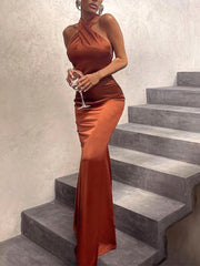 Inrosy robe longue en satin moulante cross licou découpes sirene dos nu sans manches femme de soirée bal de promo