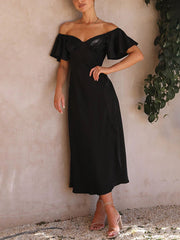 Inrosy robe demoiselle d'honneur satin col bateau fendu le côté manches courtes femme doux élégant décontracté de soirée