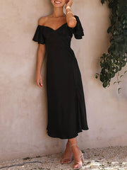 Inrosy robe demoiselle d'honneur satin col bateau fendu le côté manches courtes femme doux élégant décontracté de soirée