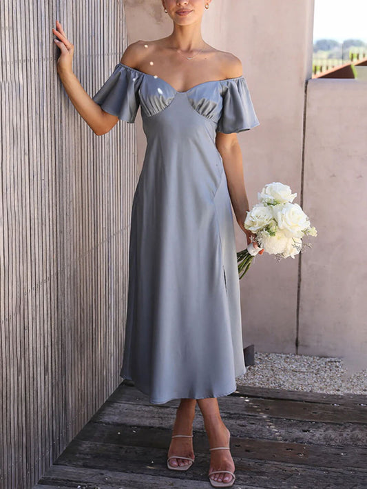 Inrosy robe demoiselle d'honneur satin col bateau fendu le côté manches courtes femme doux élégant décontracté de soirée