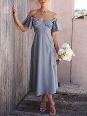 Inrosy robe demoiselle d'honneur satin col bateau fendu le côté manches courtes femme doux élégant décontracté de soirée