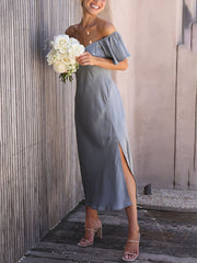 Inrosy robe demoiselle d'honneur satin col bateau fendu le côté manches courtes femme doux élégant décontracté de soirée