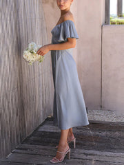 Inrosy robe demoiselle d'honneur satin col bateau fendu le côté manches courtes femme doux élégant décontracté de soirée