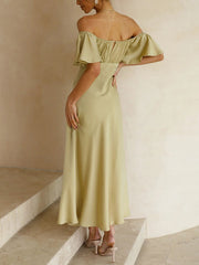 Inrosy robe demoiselle d'honneur satin col bateau fendu le côté manches courtes femme doux élégant décontracté de soirée