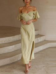 Inrosy robe demoiselle d'honneur satin col bateau fendu le côté manches courtes femme doux élégant décontracté de soirée