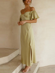 Inrosy robe demoiselle d'honneur satin col bateau fendu le côté manches courtes femme doux élégant décontracté de soirée