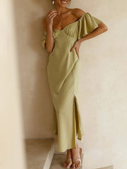 Inrosy robe demoiselle d'honneur satin col bateau fendu le côté manches courtes femme doux élégant décontracté de soirée