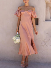 Inrosy robe demoiselle d'honneur satin col bateau fendu le côté manches courtes femme doux élégant décontracté de soirée