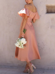 Inrosy robe demoiselle d'honneur satin col bateau fendu le côté manches courtes femme doux élégant décontracté de soirée