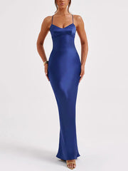 Inrosy robe longue moulante en satin sirene v-cou dos nu à fines brides sans manches femme élégant mode bal de promo