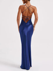 Inrosy robe longue moulante en satin sirene v-cou dos nu à fines brides sans manches femme élégant mode bal de promo