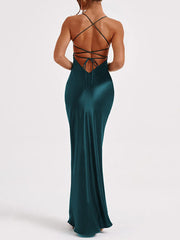 Inrosy robe longue moulante en satin sirene v-cou dos nu à fines brides sans manches femme élégant mode bal de promo