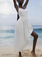 Inrosy robe longue unicolore lin v-cou dos nu à fines brides sans manches femme casual bohème lâche décontracté de plage