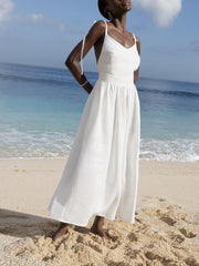 Inrosy robe longue unicolore lin v-cou dos nu à fines brides sans manches femme casual bohème lâche décontracté de plage