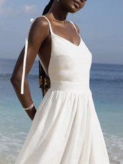 Inrosy robe longue unicolore lin v-cou dos nu à fines brides sans manches femme casual bohème lâche décontracté de plage