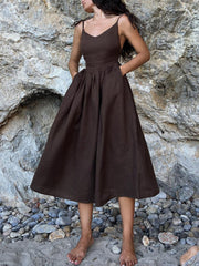 Inrosy robe longue unicolore lin v-cou dos nu à fines brides sans manches femme casual bohème lâche décontracté de plage