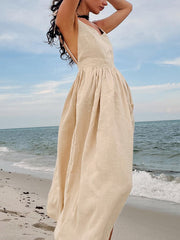 Inrosy robe longue unicolore lin v-cou dos nu à fines brides sans manches femme casual bohème lâche décontracté de plage