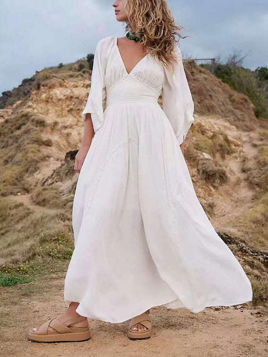 Inrosy robe longue mousseline bohème plissée v-cou manches longues femme casual mode ample décontracté de plage