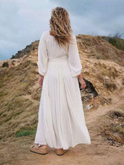 Inrosy robe longue mousseline bohème plissée v-cou manches longues femme casual mode ample décontracté de plage