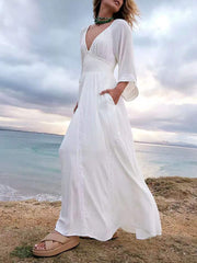 Inrosy robe longue mousseline bohème plissée v-cou manches longues femme casual mode ample décontracté de plage