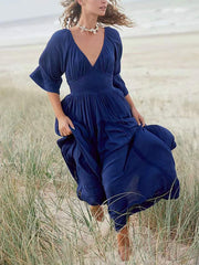 Inrosy robe longue mousseline bohème plissée v-cou manches longues femme casual mode ample décontracté de plage