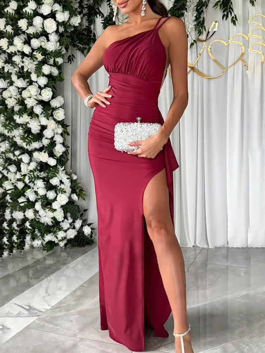 Inrosy robe longue irrégulière fendu le côté une épaule sans manches femme élégant décontracté de soirée invité mariage