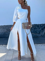 Inrosy robe longue trapèze découpes fendu le côté une épaule manches bouffantes femme casual décontracté fete de cocktail