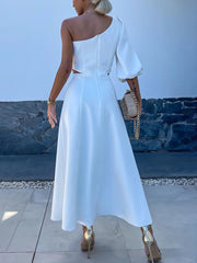 Inrosy robe longue trapèze découpes fendu le côté une épaule manches bouffantes femme casual décontracté fete de cocktail