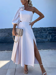 Inrosy robe longue trapèze découpes fendu le côté une épaule manches bouffantes femme casual décontracté fete de cocktail