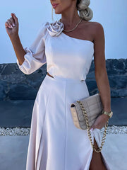 Inrosy robe longue trapèze découpes fendu le côté une épaule manches bouffantes femme casual décontracté fete de cocktail