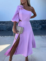 Inrosy robe longue trapèze découpes fendu le côté une épaule manches bouffantes femme casual décontracté fete de cocktail