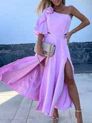 Inrosy robe longue trapèze découpes fendu le côté une épaule manches bouffantes femme casual décontracté fete de cocktail