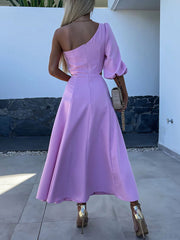 Inrosy robe longue trapèze découpes fendu le côté une épaule manches bouffantes femme casual décontracté fete de cocktail