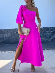 Inrosy robe longue trapèze découpes fendu le côté une épaule manches bouffantes femme casual décontracté fete de cocktail