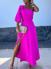 Inrosy robe longue trapèze découpes fendu le côté une épaule manches bouffantes femme casual décontracté fete de cocktail