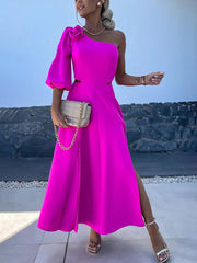 Inrosy robe longue trapèze découpes fendu le côté une épaule manches bouffantes femme casual décontracté fete de cocktail