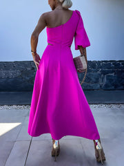 Inrosy robe longue trapèze découpes fendu le côté une épaule manches bouffantes femme casual décontracté fete de cocktail