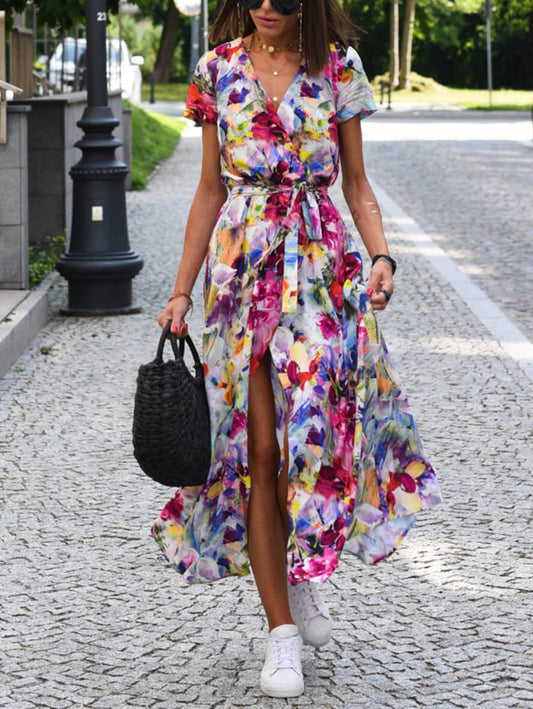 Inrosy robe longue à pois imprimé à fleurie fendu le côté ceinture v-cou manches courtes femme décontracté de plage été