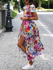 Inrosy robe longue à pois imprimé à fleurie fendu le côté ceinture v-cou manches courtes femme décontracté de plage été