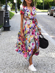 Inrosy robe longue à pois imprimé à fleurie fendu le côté ceinture v-cou manches courtes femme décontracté de plage été