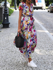 Inrosy robe longue à pois imprimé à fleurie fendu le côté ceinture v-cou manches courtes femme décontracté de plage été